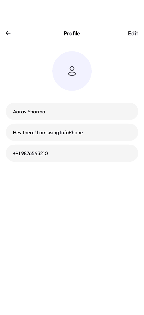 InfoPhone Profile screen with photo, name, about and phone number
