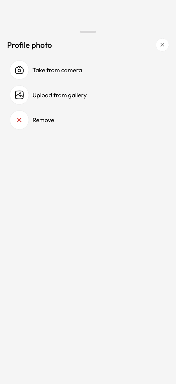 Profile photo sheet with Take from camera, Upload from gallery and Remove