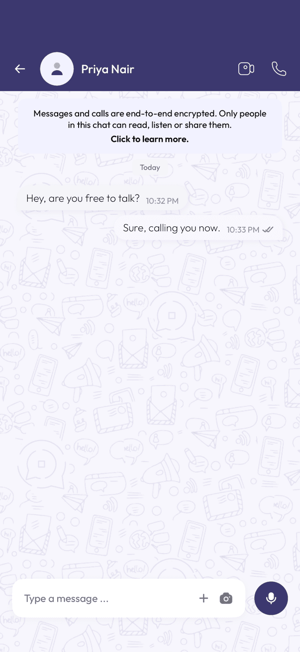 A chat open with the phone icon at the top