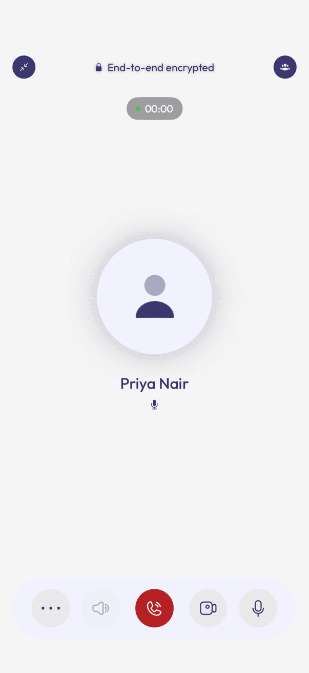 An active voice call screen showing the timer and call controls