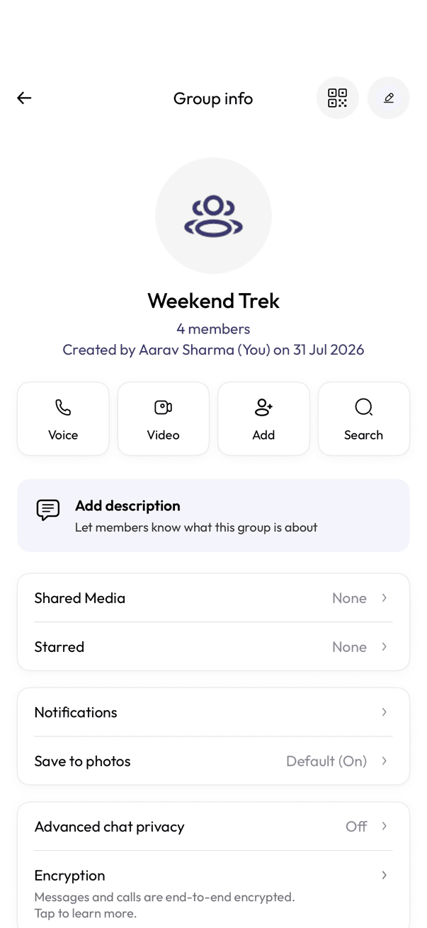 Group info screen with Voice, Video, Add and Search buttons