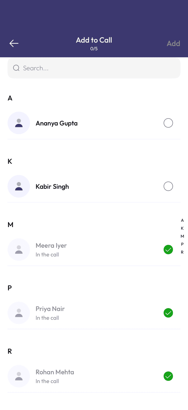 Add to Call screen with a contact list and checkmarks