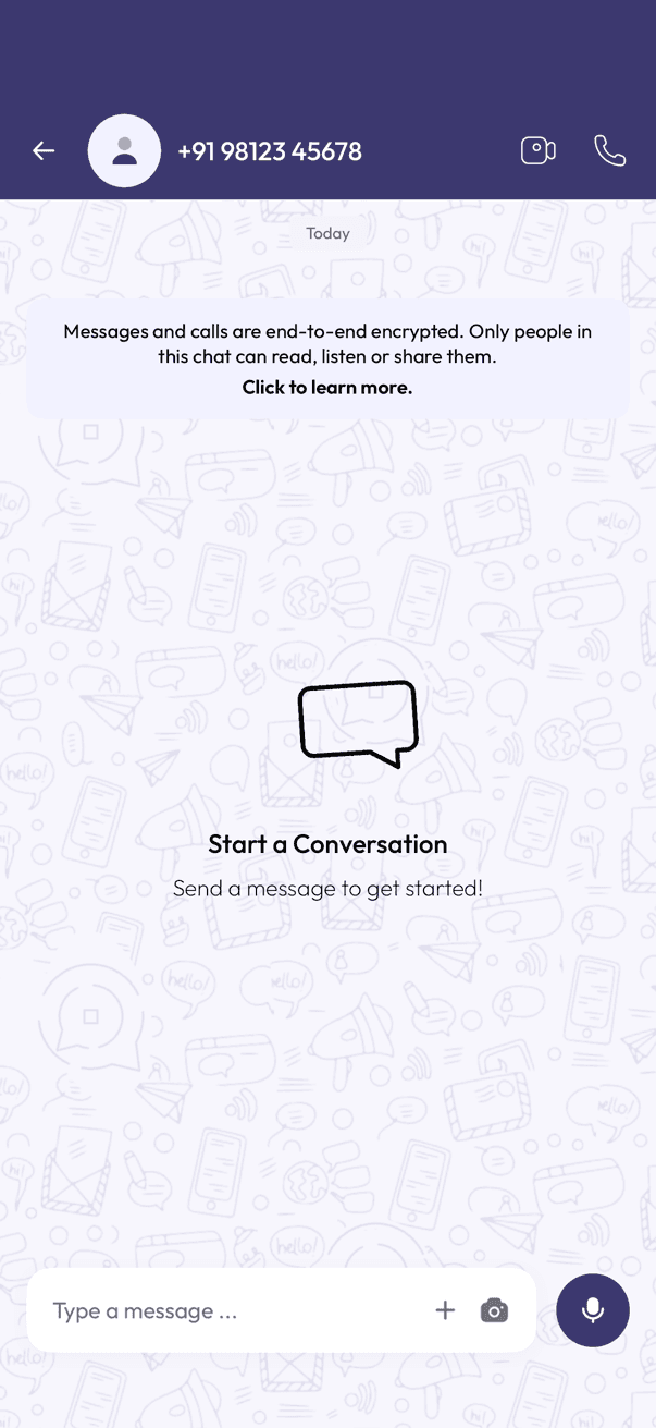 InfoPhone chat header showing a phone number instead of a name