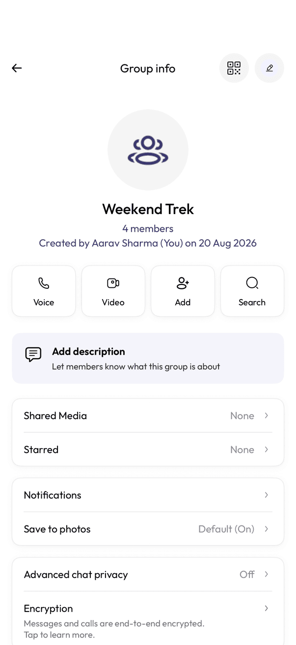 Group info screen with Voice, Video, Add, and Search buttons