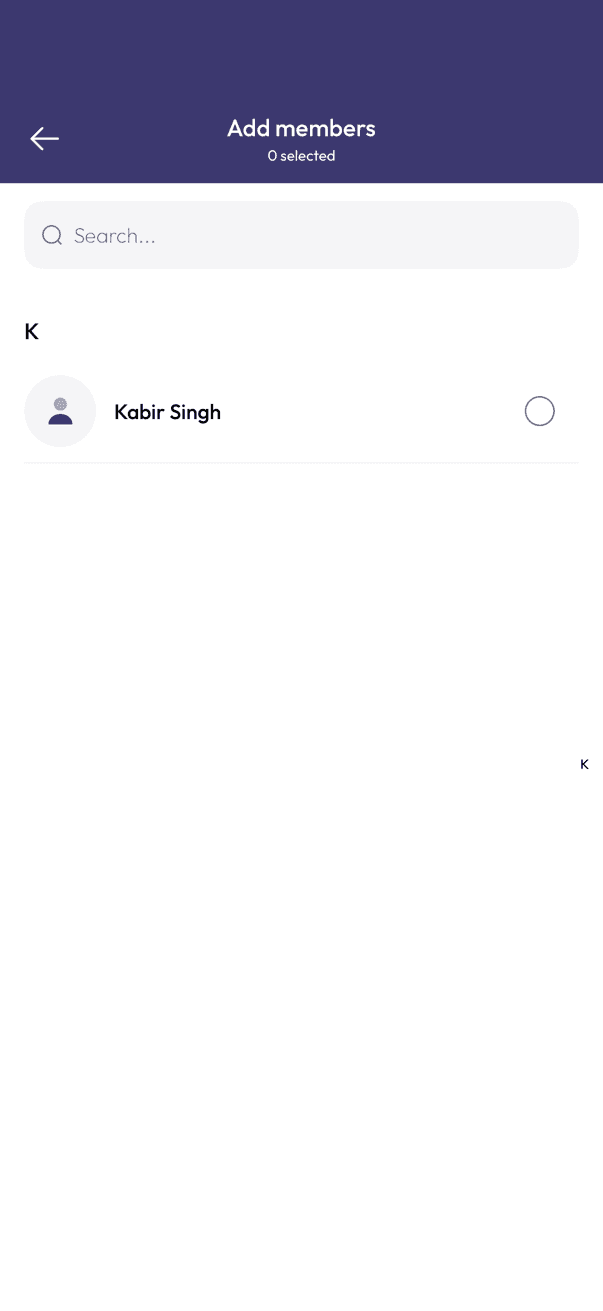 Add members screen with a searchable contact list