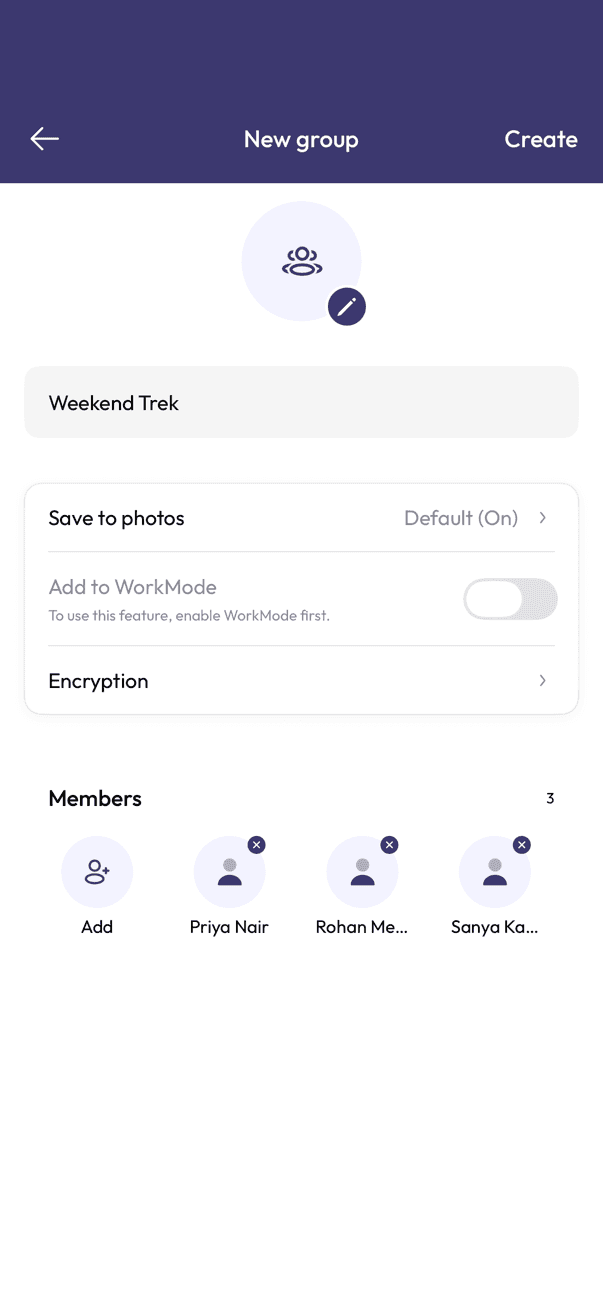 New group screen with a name field and selected members
