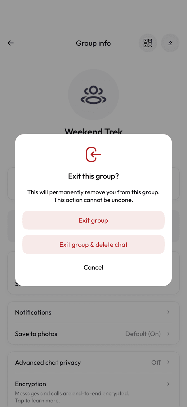 Exit this group confirmation with Exit group and Exit group & delete chat options