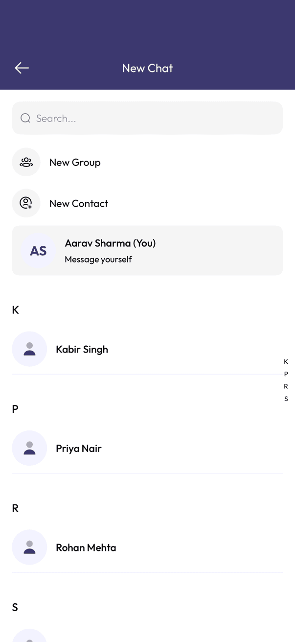 New Chat screen listing contacts on InfoPhone