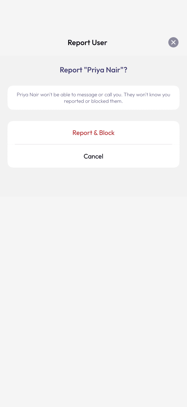 Report User confirmation with Report & Block and Cancel