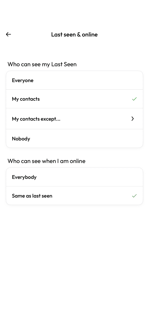 Last seen and online screen with last seen and online visibility options