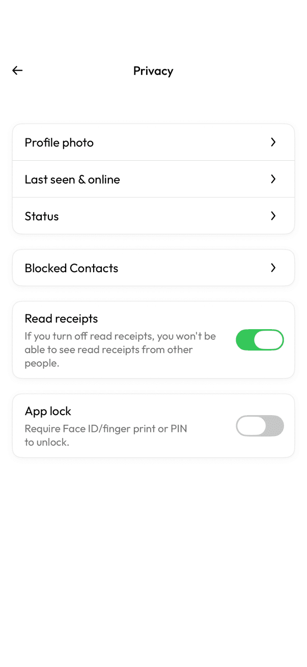 Privacy screen listing Profile photo, Last seen and online, and Status