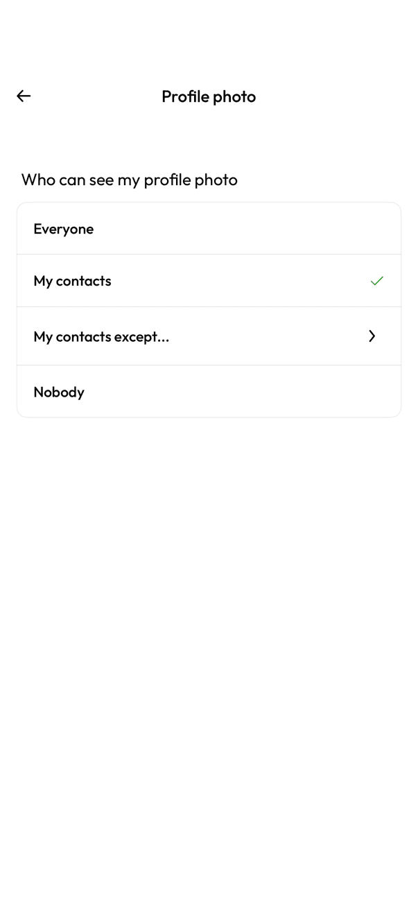 Profile photo privacy screen with Everyone, My contacts, My contacts except, and Nobody
