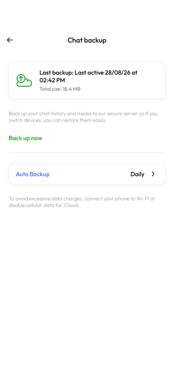 InfoPhone Chat backup screen with Back up now and Auto Backup