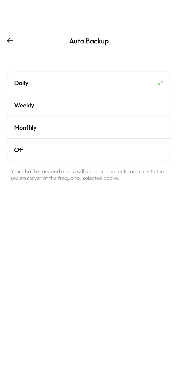 InfoPhone Auto Backup screen with Daily, Weekly, Monthly, and Off options