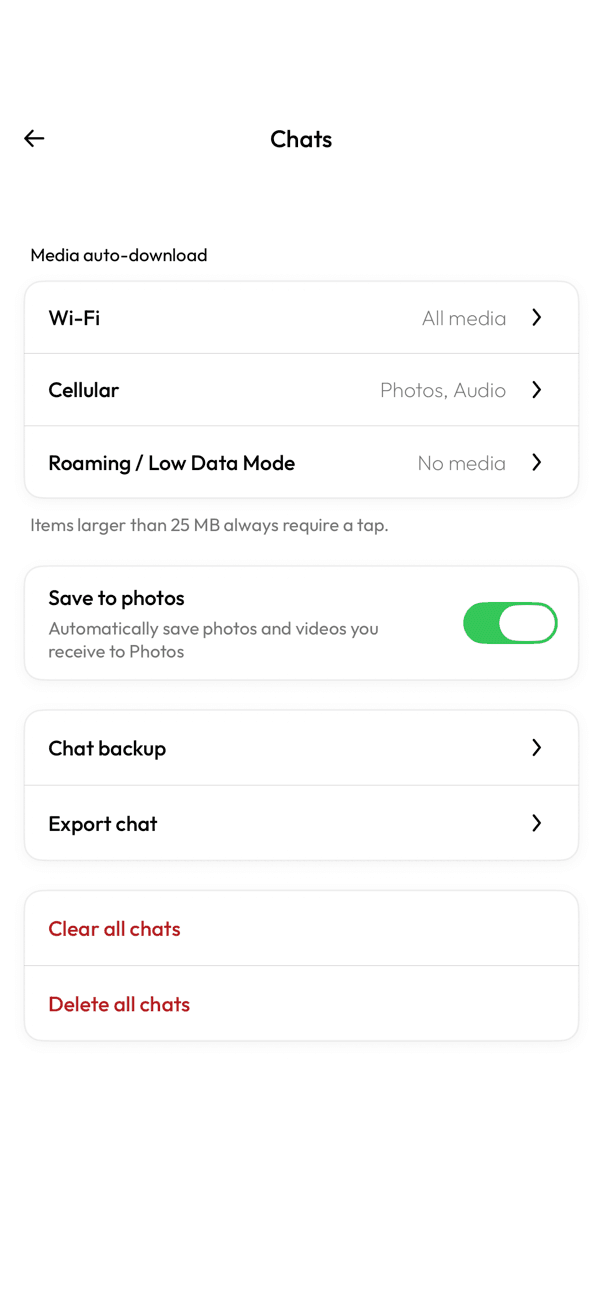 InfoPhone Chats settings screen