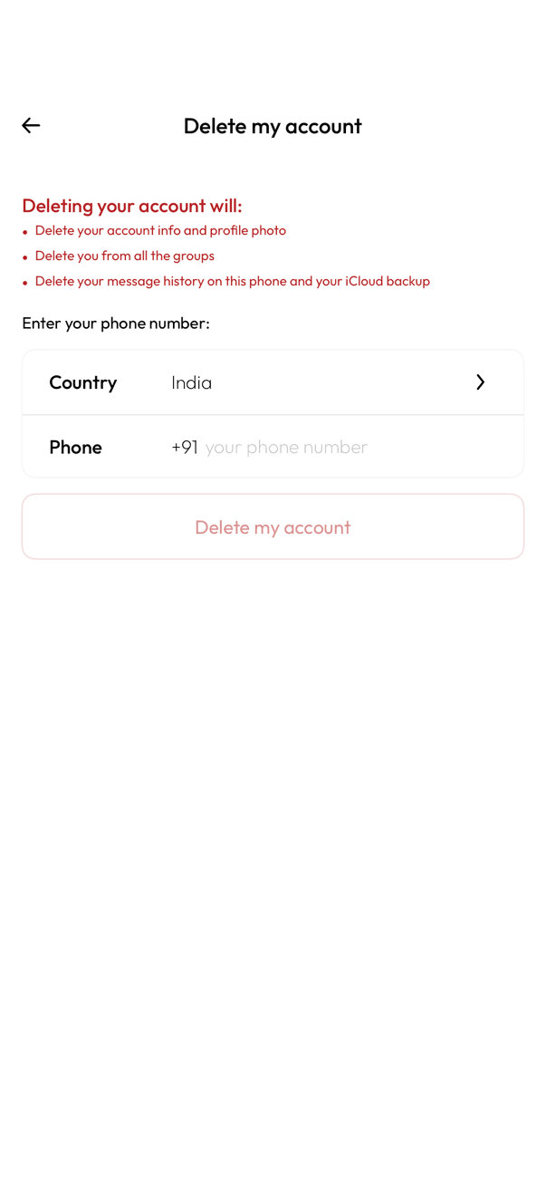 Delete my account screen with warnings and a phone number field