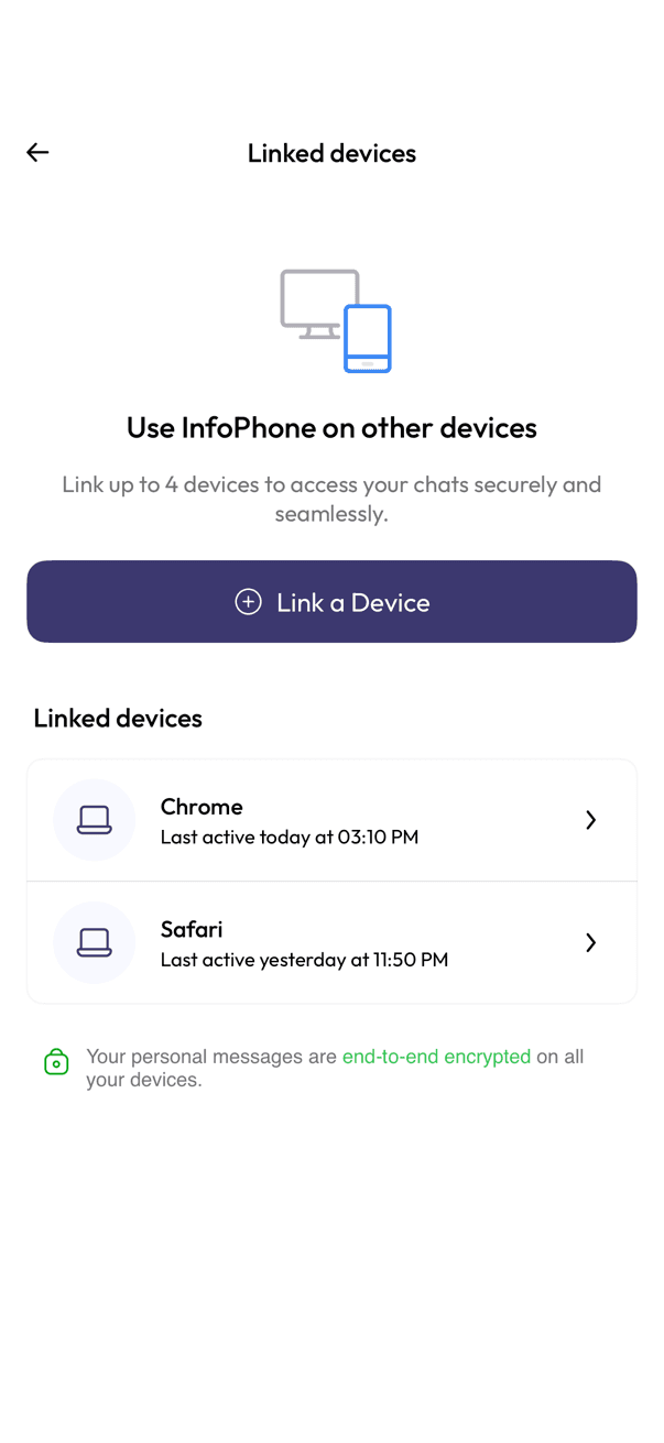 Linked devices screen listing Chrome and Safari