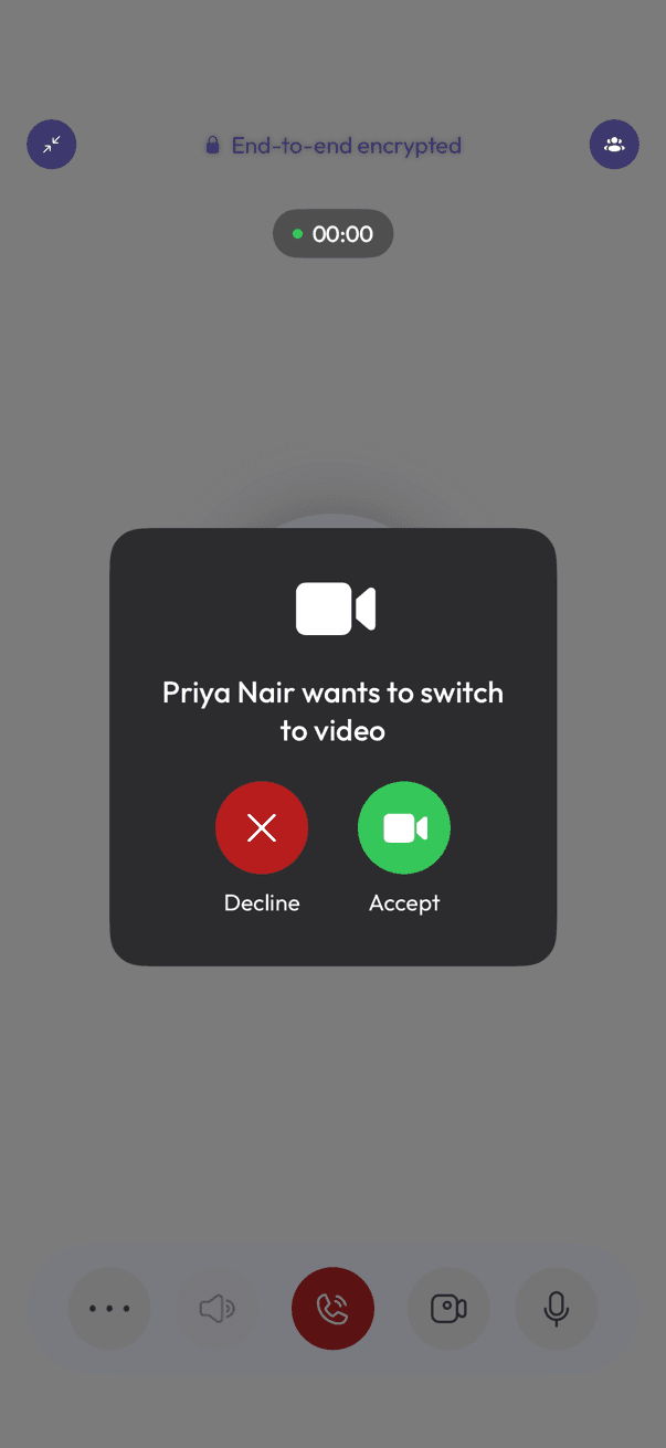 Call screen showing a prompt to switch to video with Decline and Accept