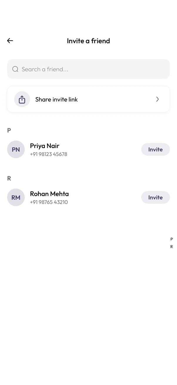 InfoPhone Invite a friend screen listing contacts to invite