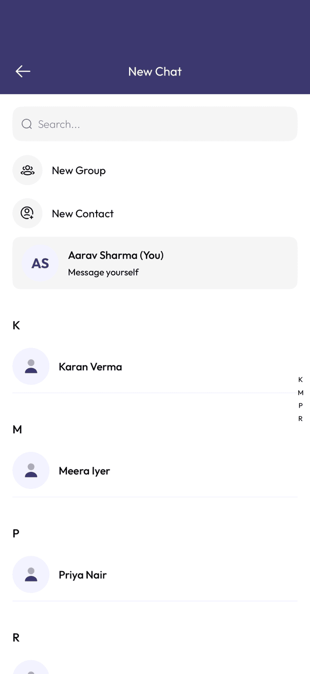 InfoPhone New Chat screen listing contacts synced from the phone