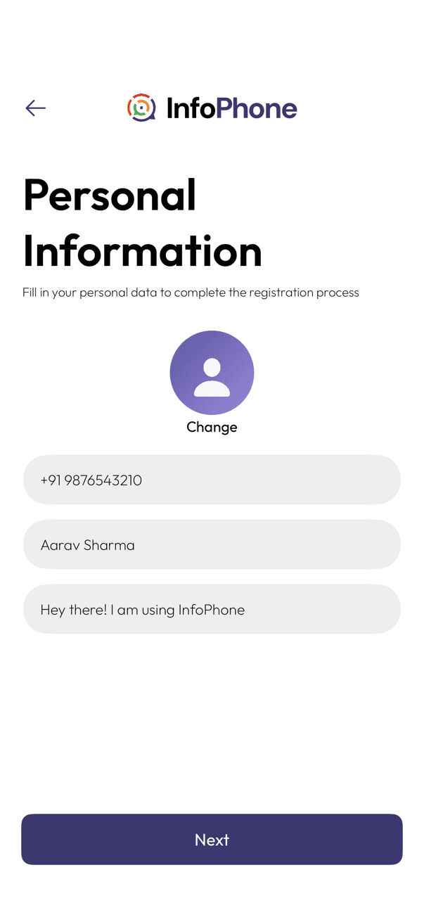 InfoPhone personal information screen