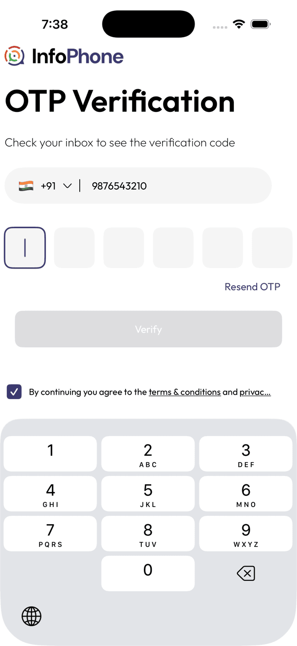 InfoPhone OTP verification screen