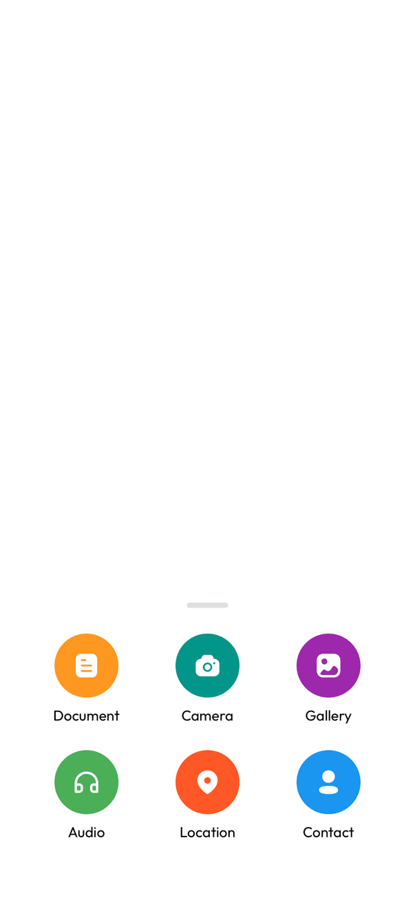 Attachment menu with Document, Camera, Gallery, Audio, Location, and Contact options