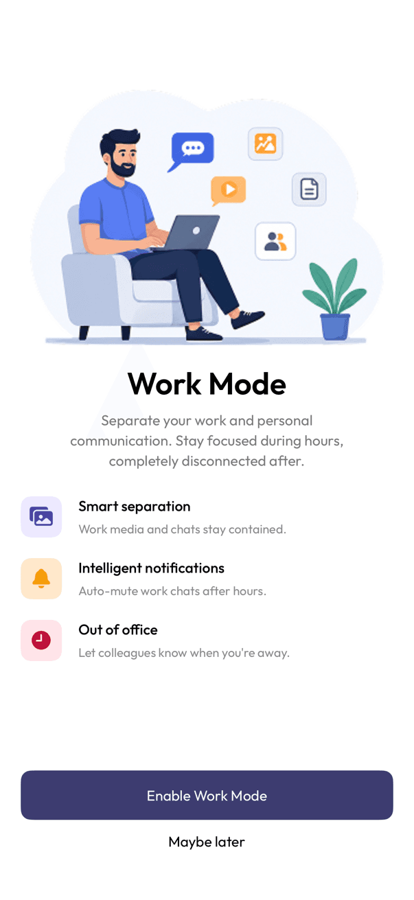 Work mode intro screen with an Enable Work Mode button