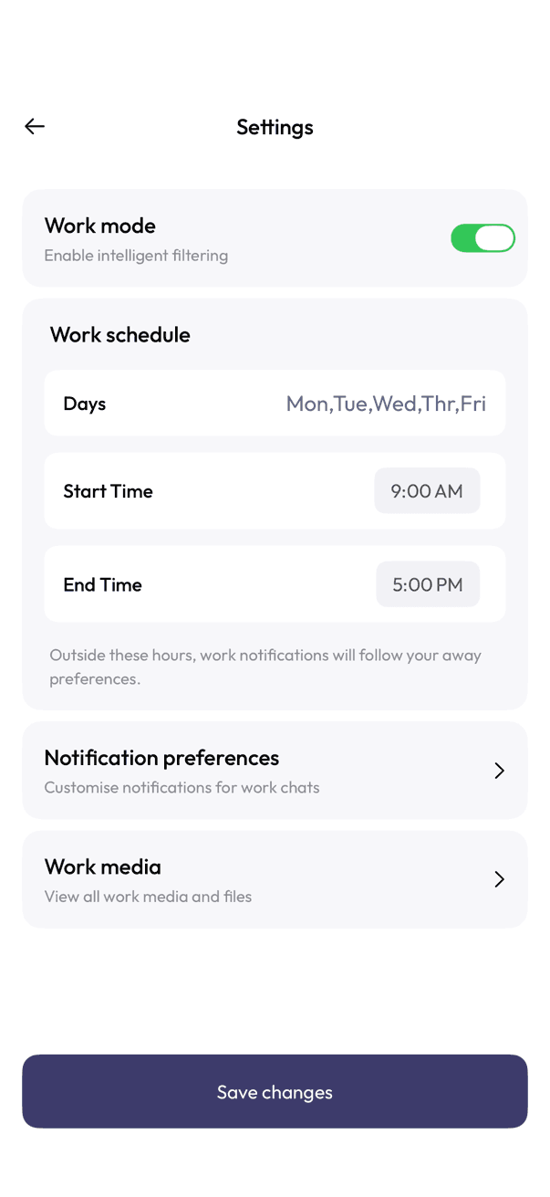 Work mode settings screen showing schedule days and hours