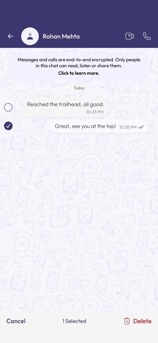 Conversation with one message selected and a Delete button at the bottom