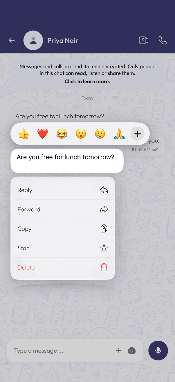 Message long-press menu with quick reactions and Reply, Forward, Copy, Star, Delete