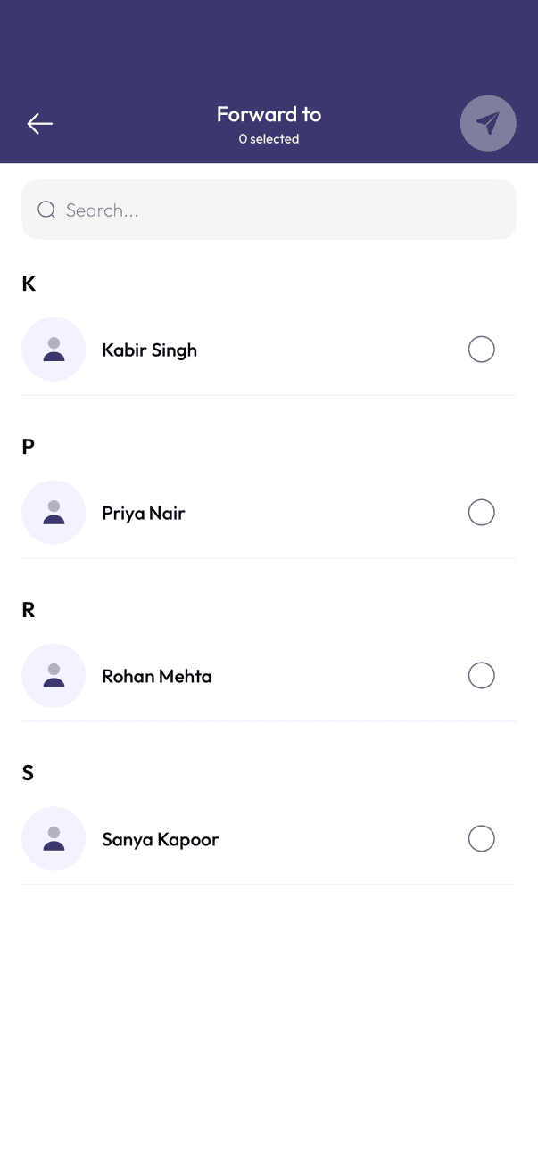 Forward to screen with a list of contacts to choose from