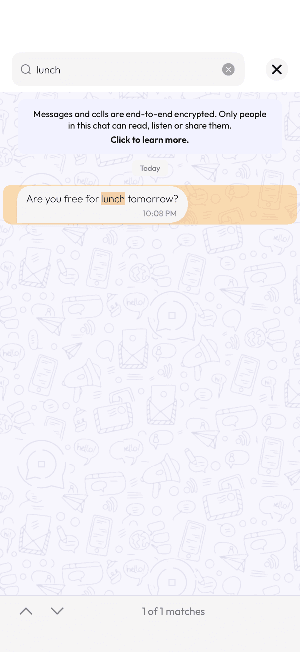 In-chat search highlighting a matching word with match count