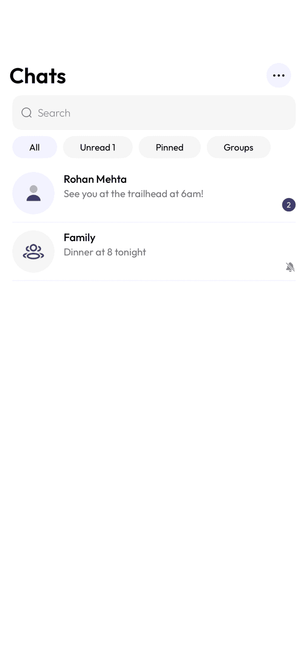InfoPhone chat list with a muted group showing a crossed-out bell icon