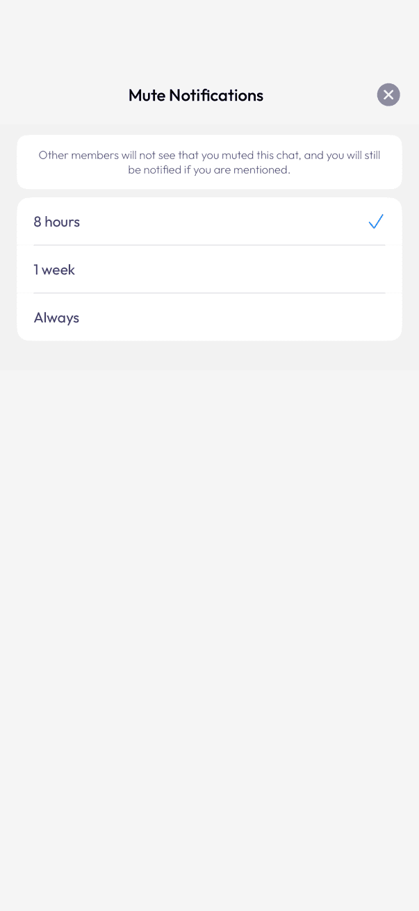 InfoPhone Mute Notifications screen with duration choices